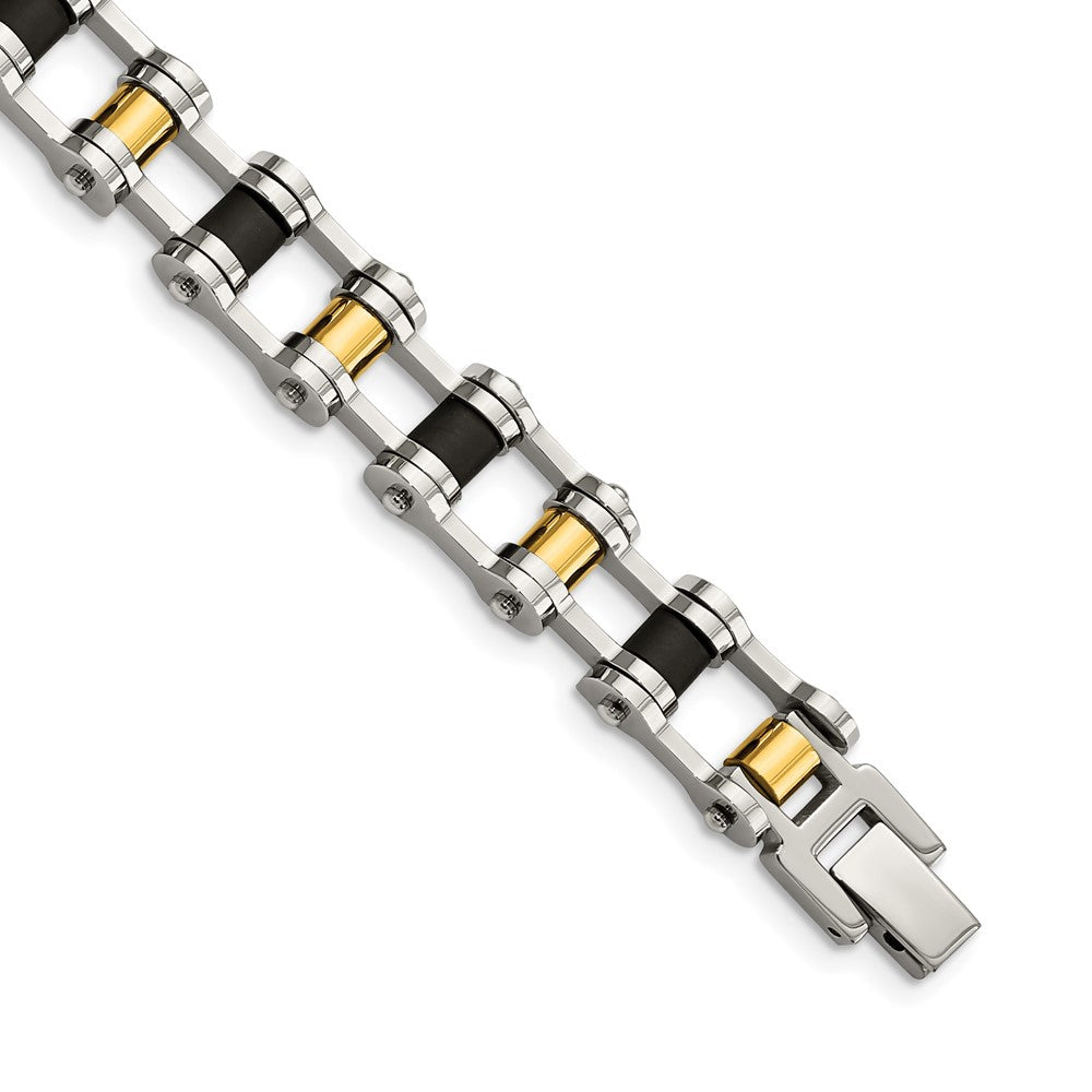 Stainless Steel 8.75in Polished Yellow IP-plated w/Black Rubber Bracelet 8.75 inches