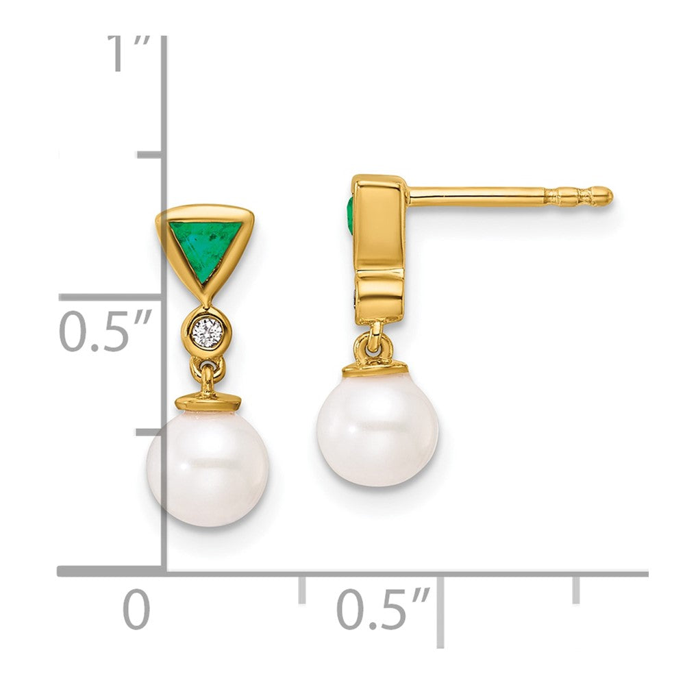 14K Polished Diamond and Emerald Pearl Dangle Post Earrings