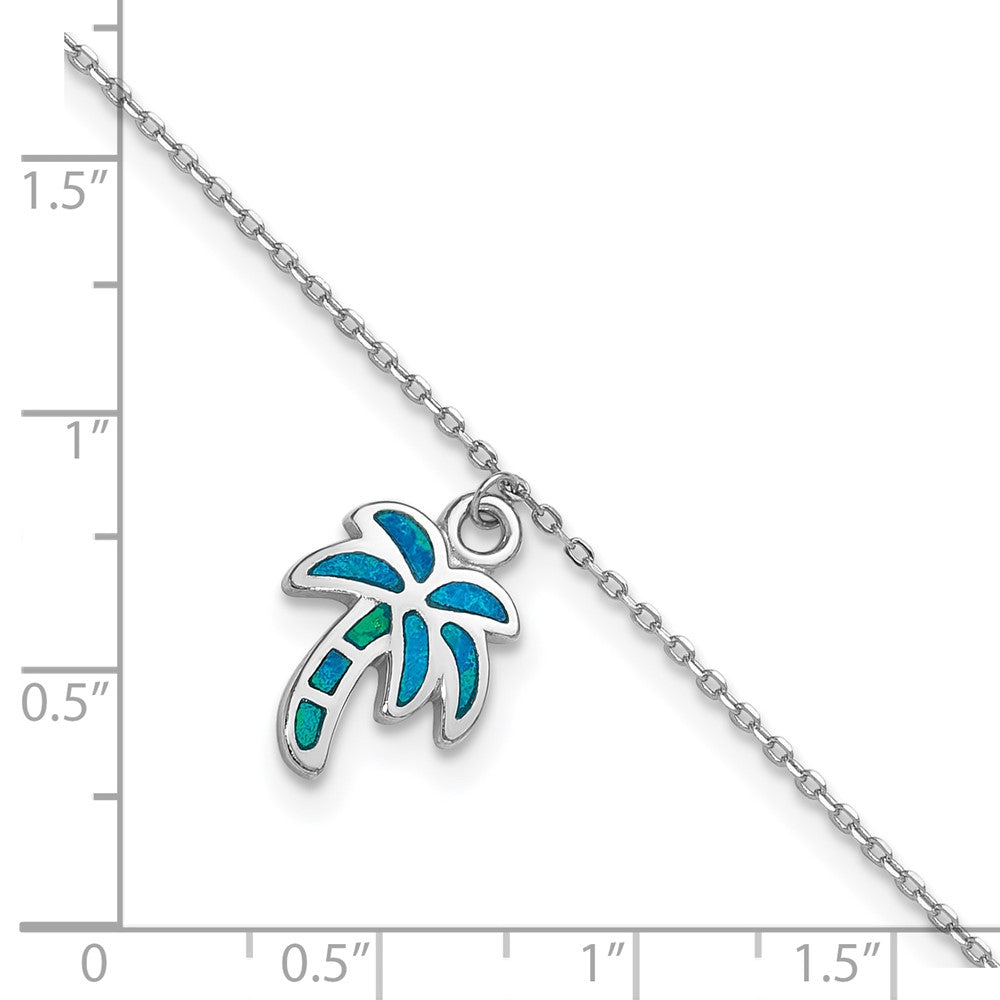 Sterling Silver Rhodium-plated Created Opal Palm Tree 9 inch with a 1 inch extention Anklet 9 inches