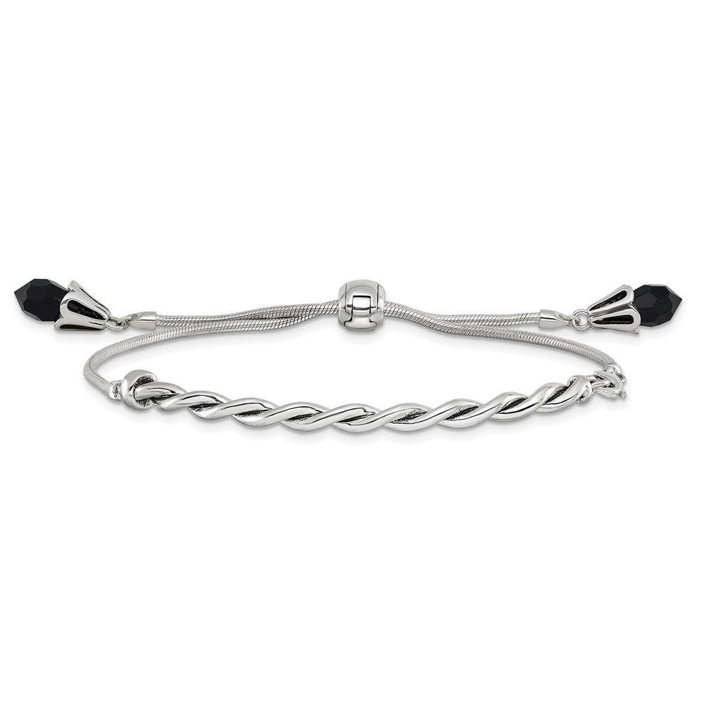 Sterling Silver Antiqued Reflections Black Crystal Adjustable Bracelet 9 inches