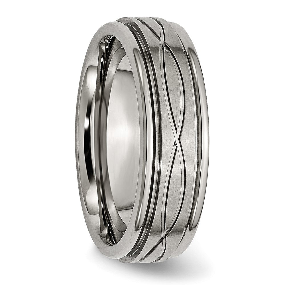 Titanium Brushed Center 7mm Criss-cross Design Ridged Edge Band Size - 11.5