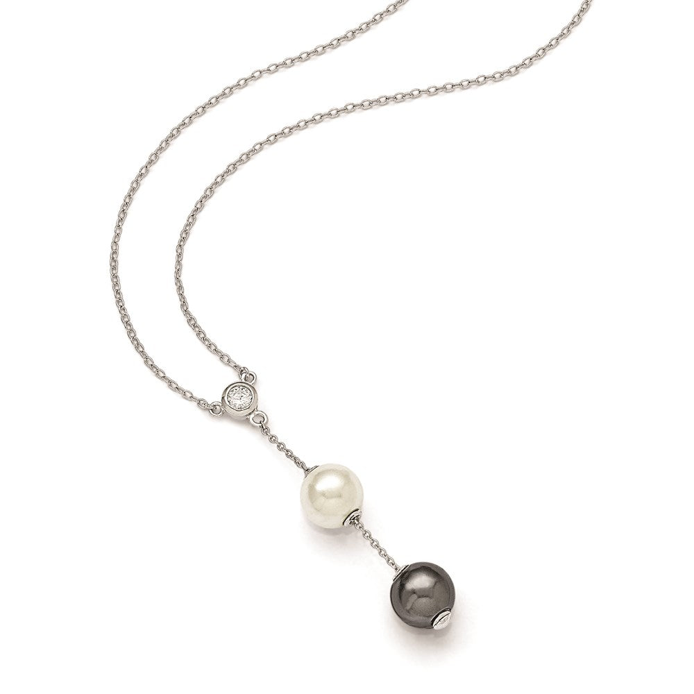 Majestik Sterling Silver Rhodium-plated 10-11mm White and Grey Imitation Shell Pearl and CZ Spring Ring Clasp 18 inch Necklace 18 Inches