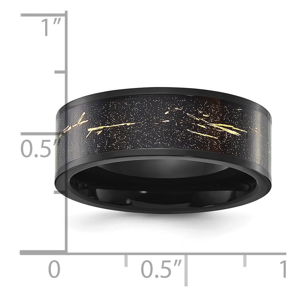Chisel Stainless Steel Polished Black IP-plated Black and Gold Foil Inlay 8mm Band Size - 12