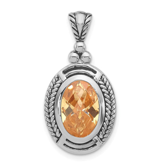 Sterling Silver Polished & Antiqued Oval Champagne CZ Pendant
