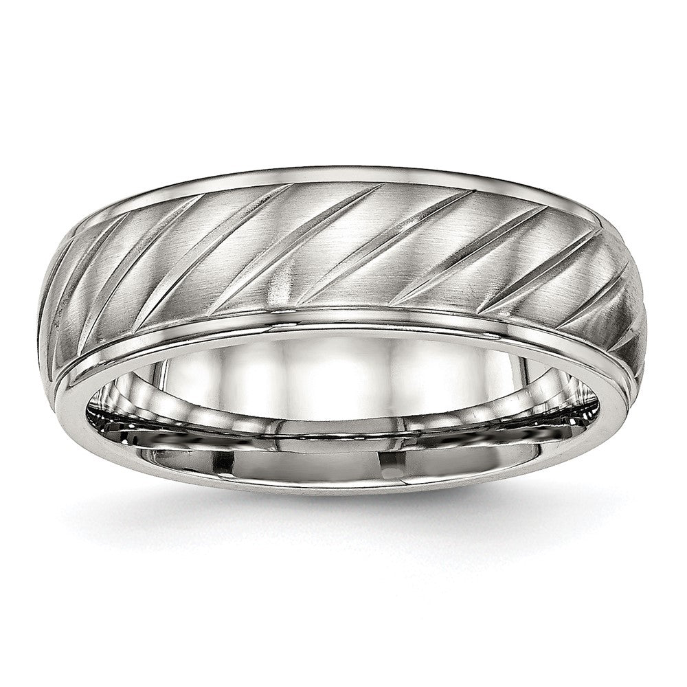 Stainless Steel Polished w/Brushed Center 7mm Grooved Band Size - 7