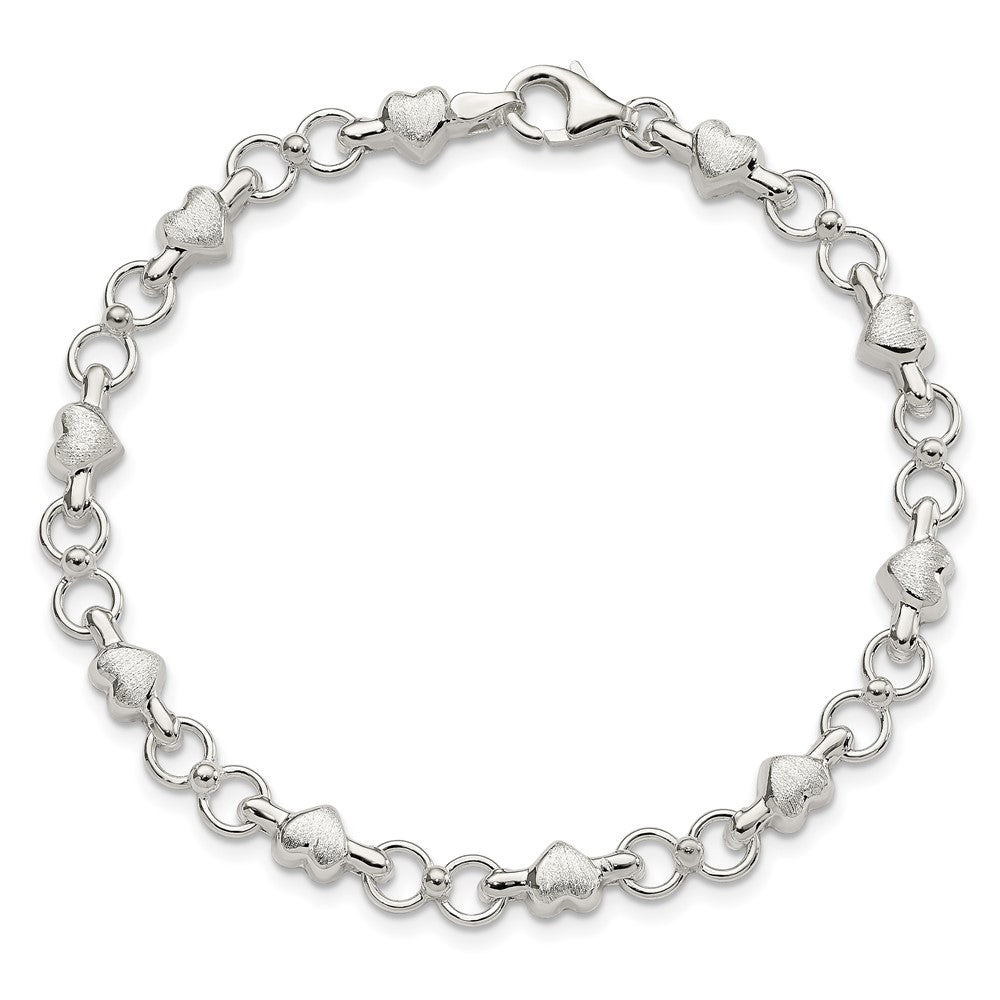 Sterling Silver Polished and Brushed Hearts and Circles Bracelet 7.5 inches