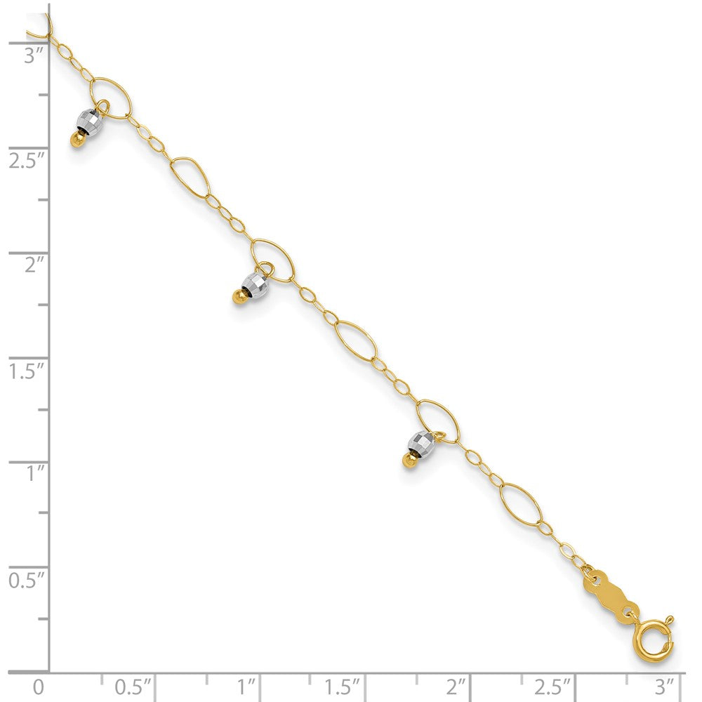 14K Two-Tone Mirror Beaded 9in Plus 1in ext. Anklet 9 inches