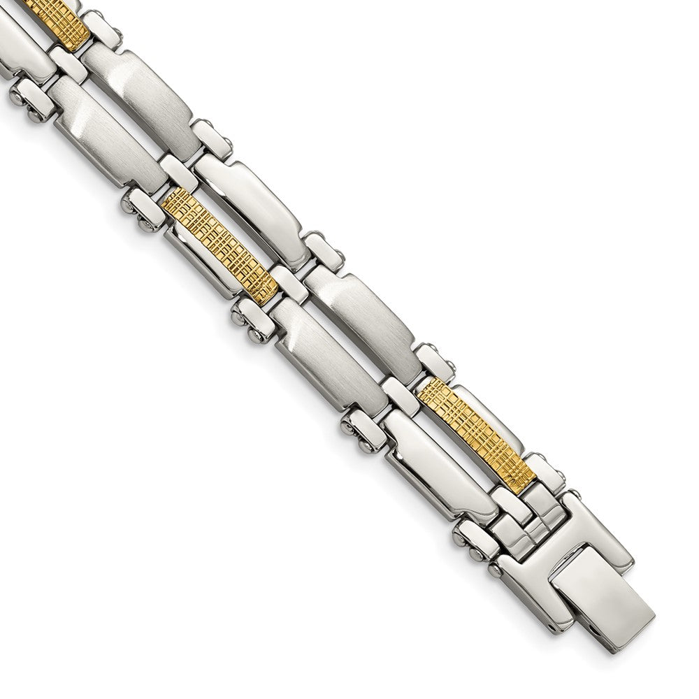 Stainless Steel  with 14k Accent 8.5in Brushed and Polished Link Bracelet 8.5 inches