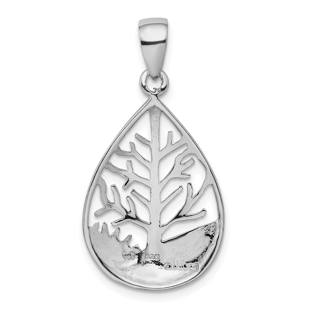 Sterling Silver Rhodium-plated Polished Tree Teardrop Pendant