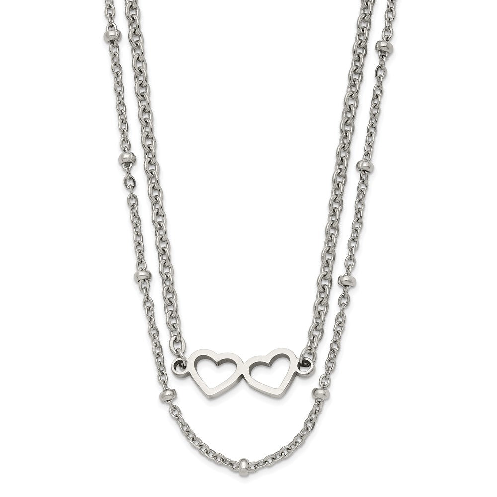 Stainless Steel Polished 2-Strand Double Heart w/1in ext. 18in Necklace