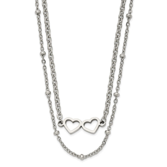 Stainless Steel Polished 2-Strand Double Heart w/1in ext. 18in Necklace
