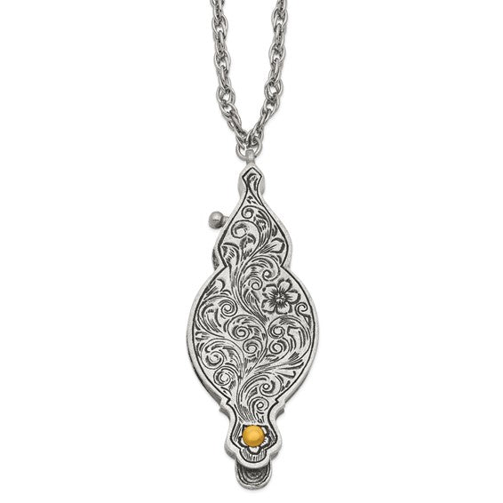 1928 Jewelry Pewter-tone and Gold-tone Vintage Floral Antiqued Cover with Fold Out 6-7X Magnifying Glass 30 inch Necklace