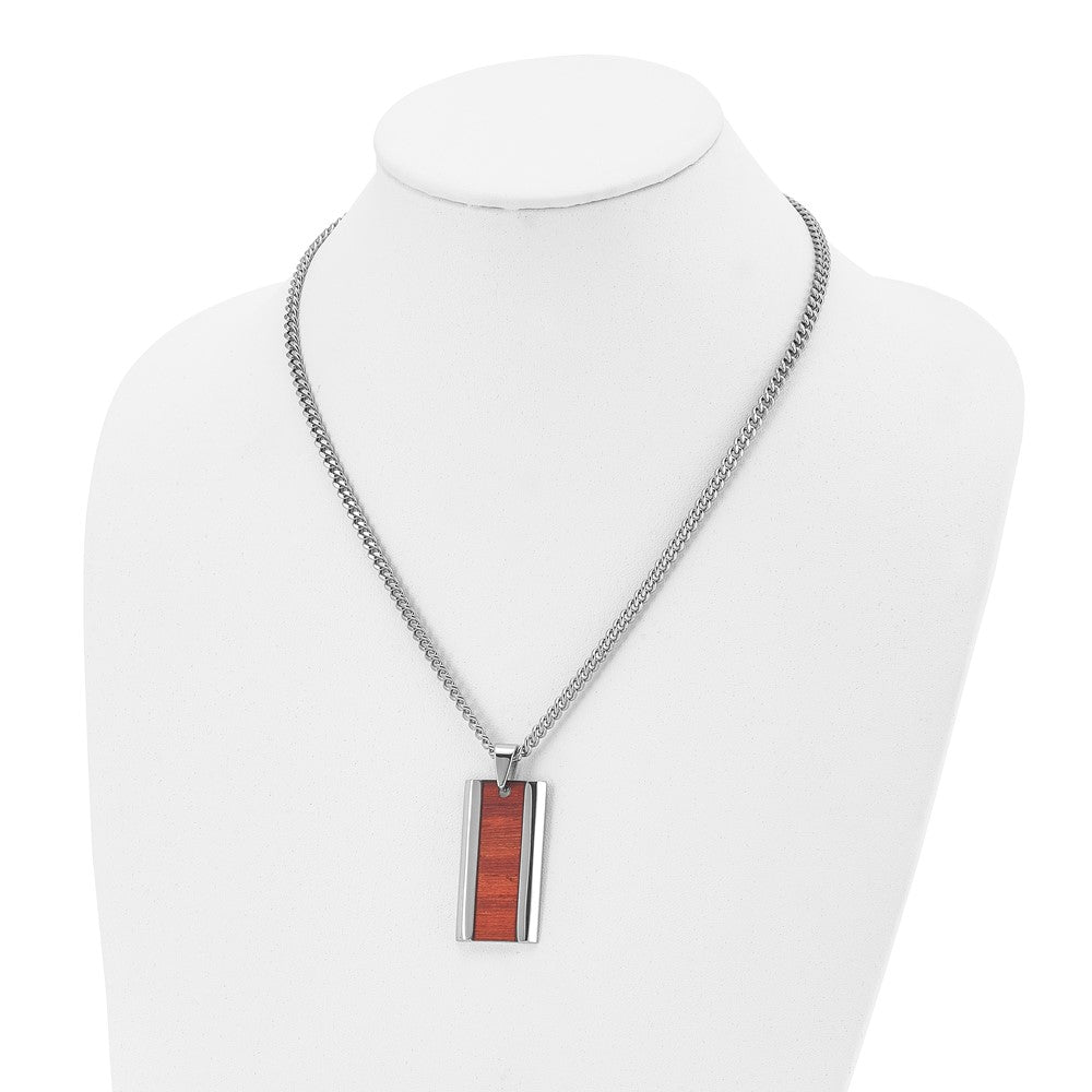 Stainless Steel Polished Red Koa Wood Inlay Enameled 20in Necklace
