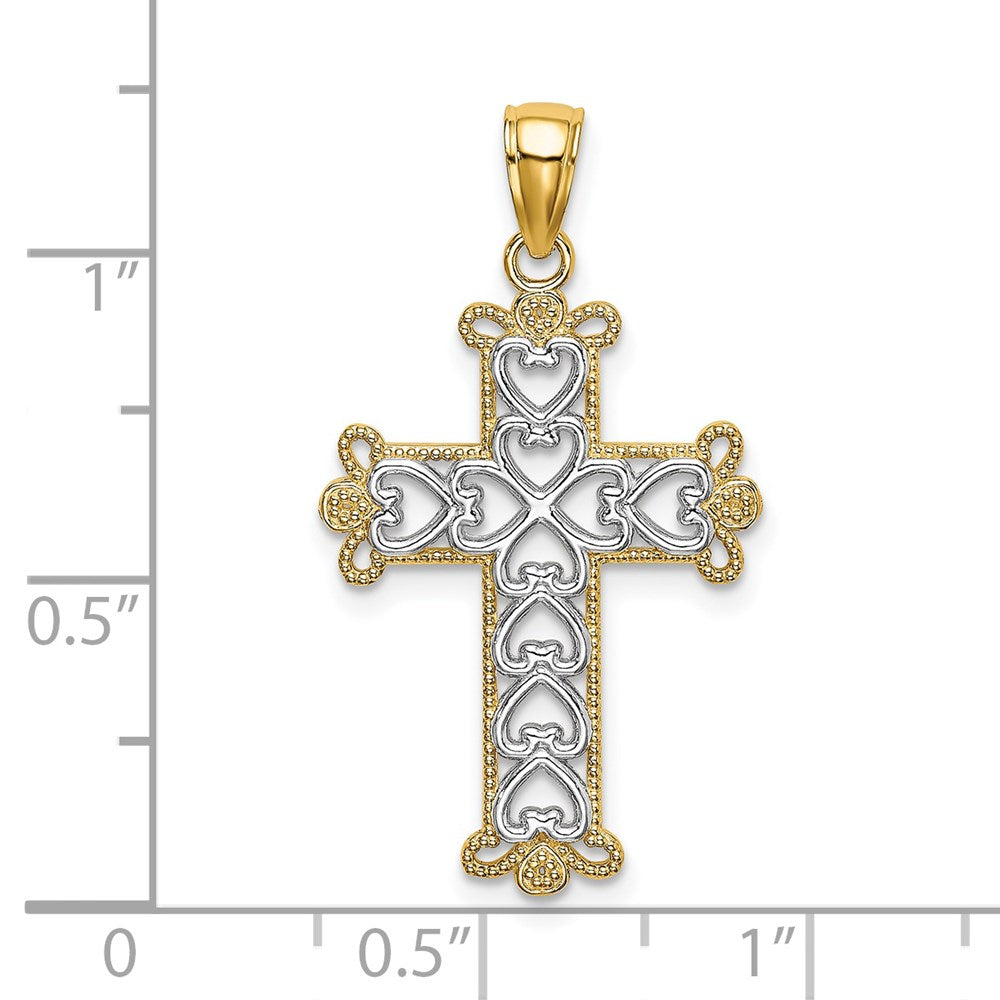 14K w/Rhodium Polished and Textured Beaded Cross Charm