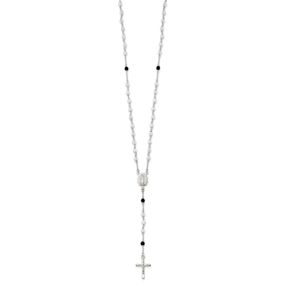 Sterling Silver Polished and Black Crystal Bead Rosary 23.5 inch Necklace 23.5 Inches