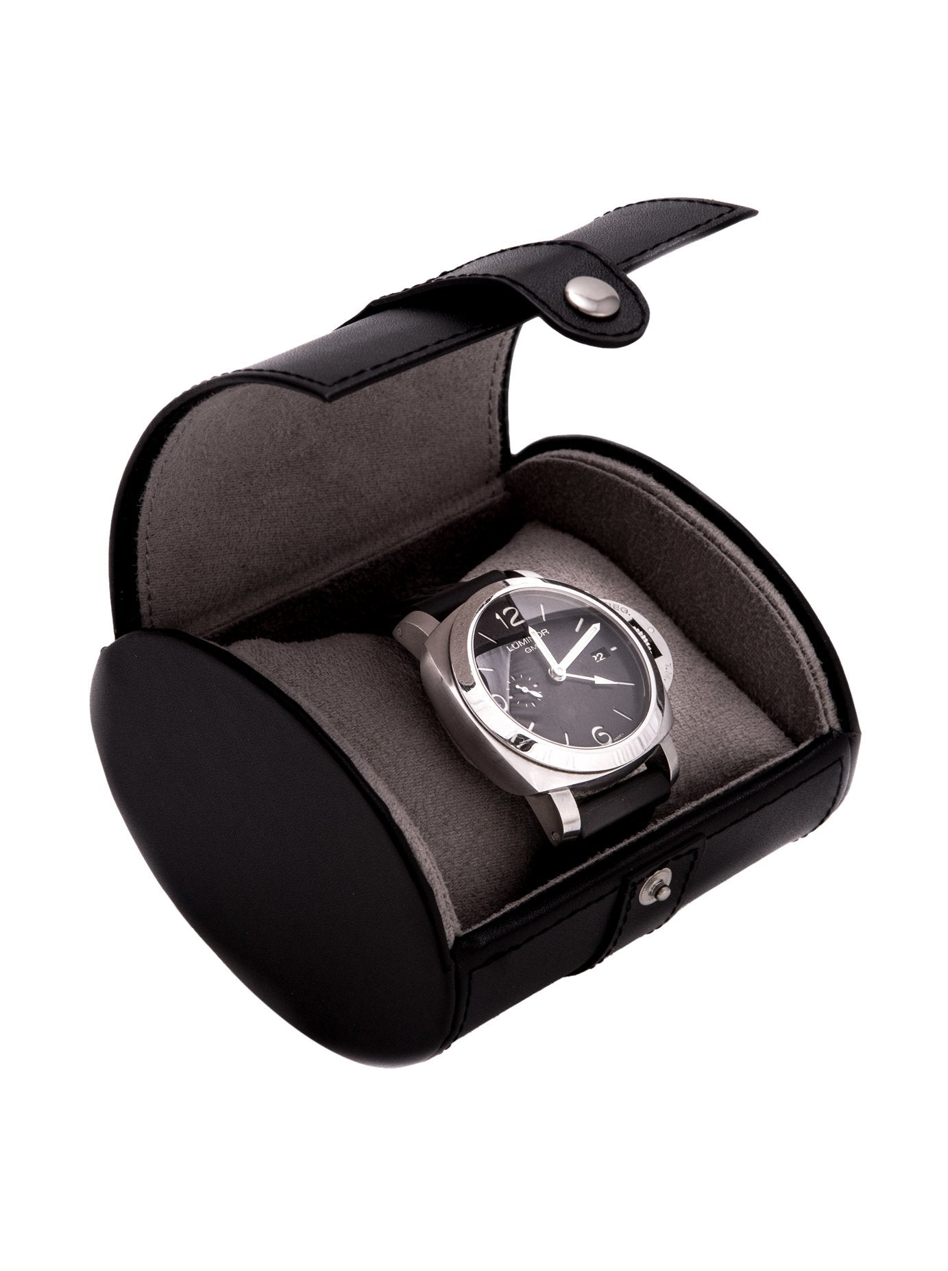 Black Leather Velour Lined Snap Closure Single Watch Travel Case QGM13302