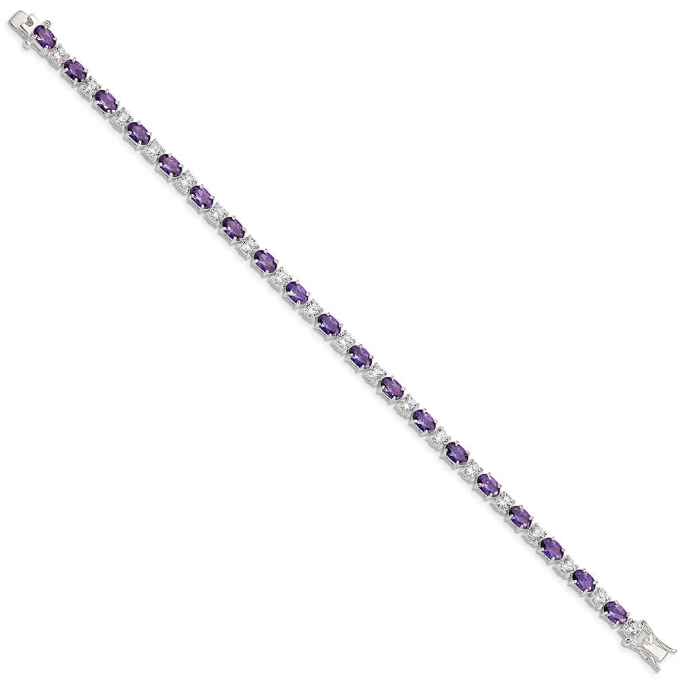 925 Sterling Silver Polished Box Catch Closure Purple and Clear CZ Cubic Zirconia Simulated Diamond Bracelet 7.5 Inch-Bo