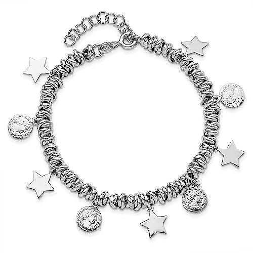 Sterling Silver Rhodium-plated Polished Coin and Star Charm w/ 1in ext. Bra