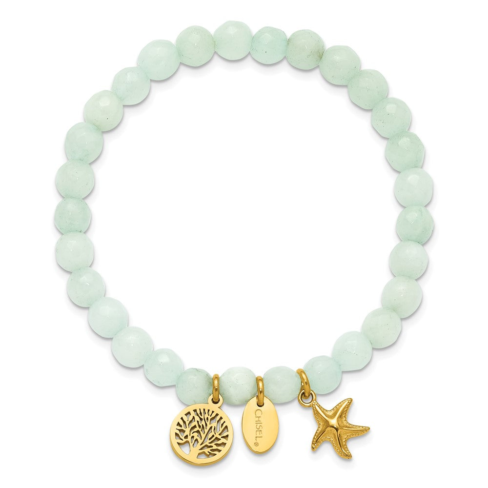 Chisel Stainless Steel Polished Yellow IP-plated Starfish and Tree of Life Dangles 6.5mm Amazon Stone Beaded 6.25 inch Stretch Bracelet