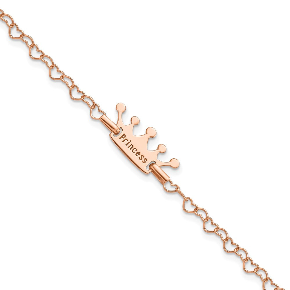 Sterling Silver Rose-tone Princess Crown Heart Link Children's Bracelet 6 inches
