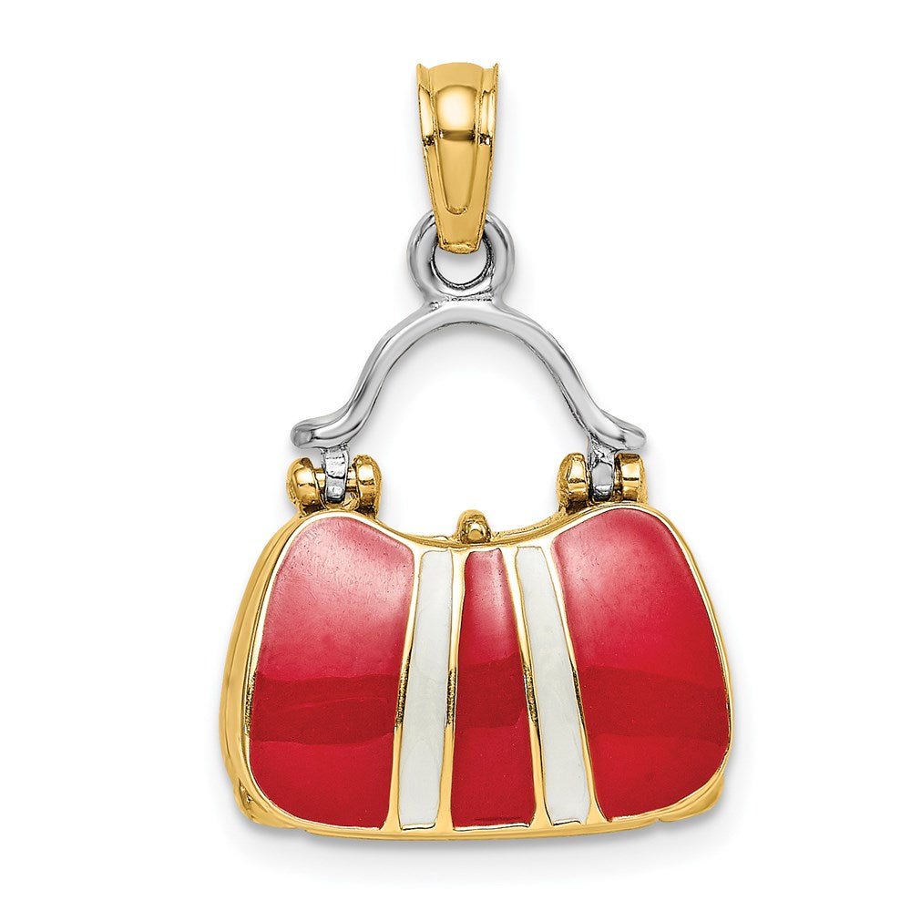 14K & Rhodium 3-D Red Enameled Handbag Opens Charm