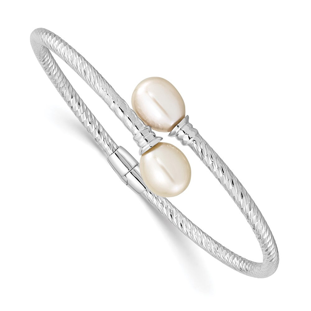 Sterling Silver Rhodium-plated 8-9mm White Rice Freshwater Cultured Pearl Hinged Bangle 6.5 inches