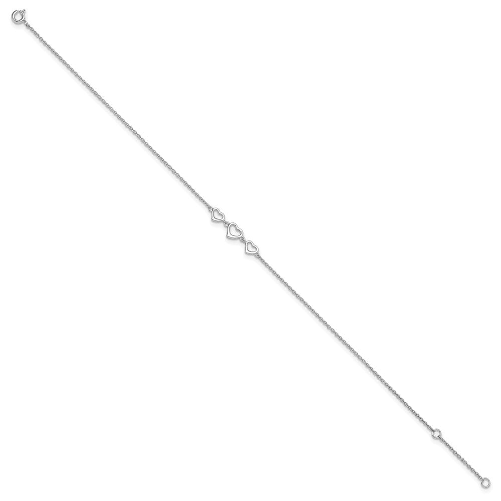 Sterling Silver Rhodium-plated 10 in Plus1 in ext Three Hearts Anklet 10 inches