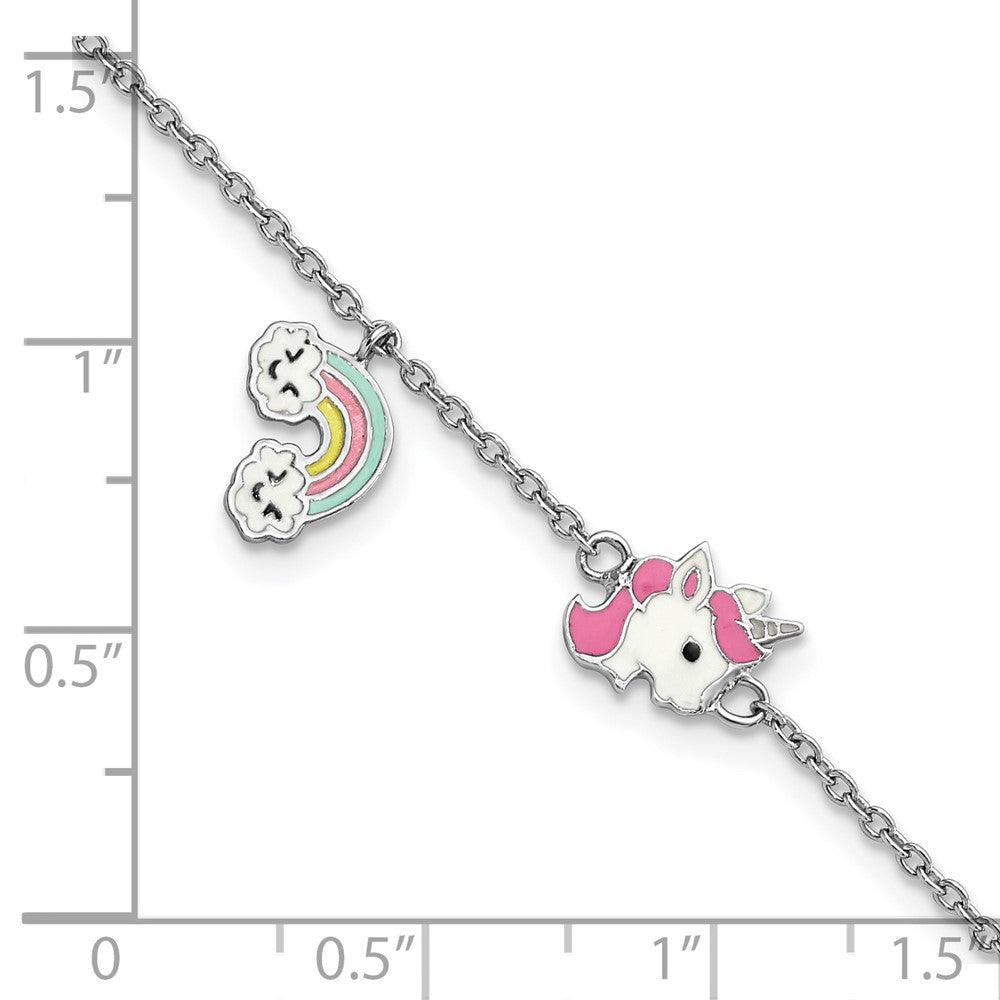 Sterling Silver Rhodium-plated Polished & Multi-color Enameled  Unicorn & Rainbow with 1 Inch Extension Children's Bracelet 6.75 inches