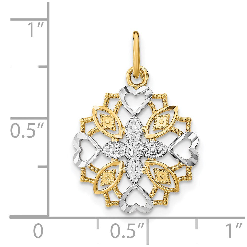 14K w/Rhodium Center Flower and Heart Charm