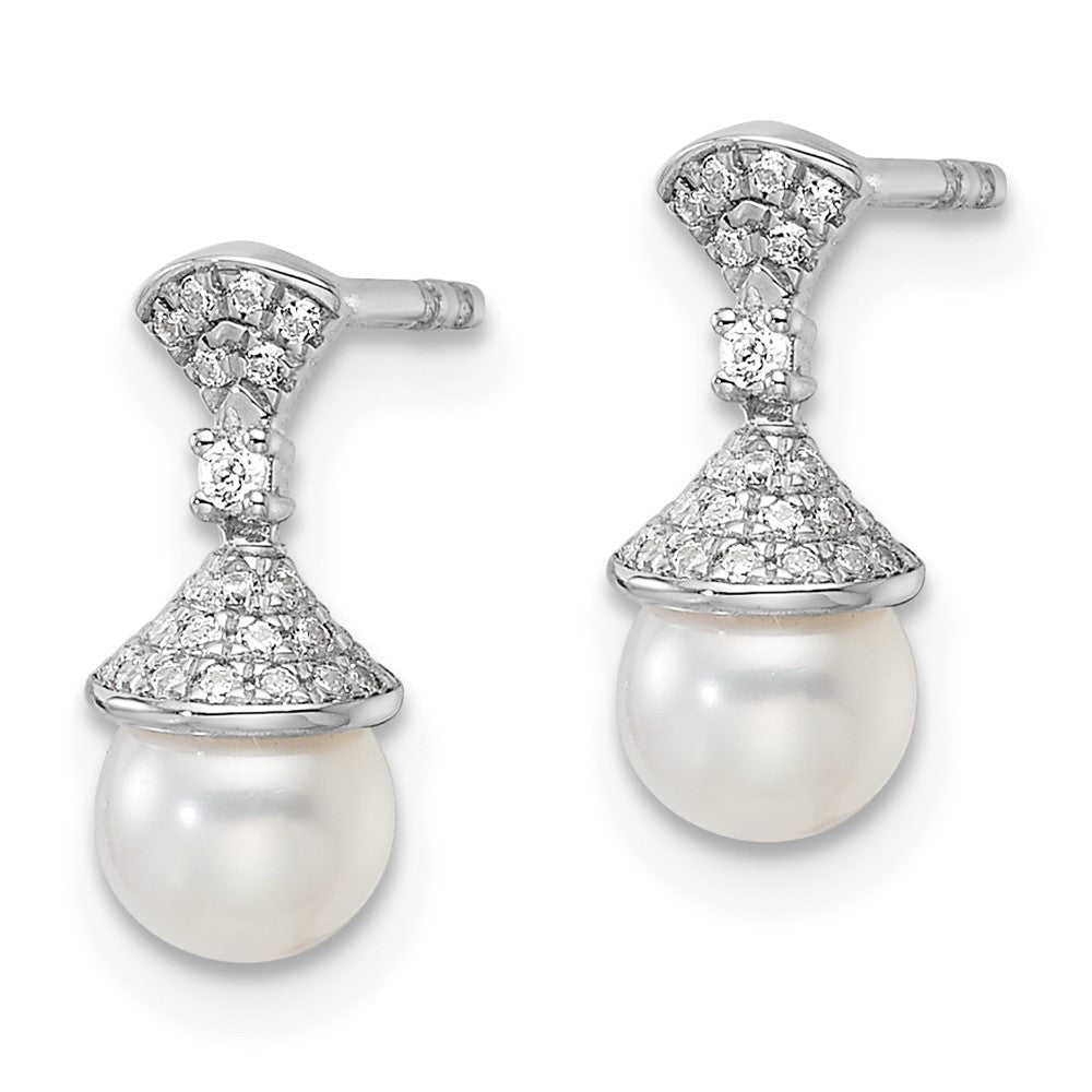 14K White Gold Polished Diamond and Pearl Drop Post Earrings