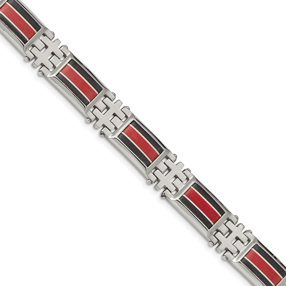 Stainless Steel Polished Black Carbon Fiber/Red Fiber Glass Inlay Bracelet 9.25 inches
