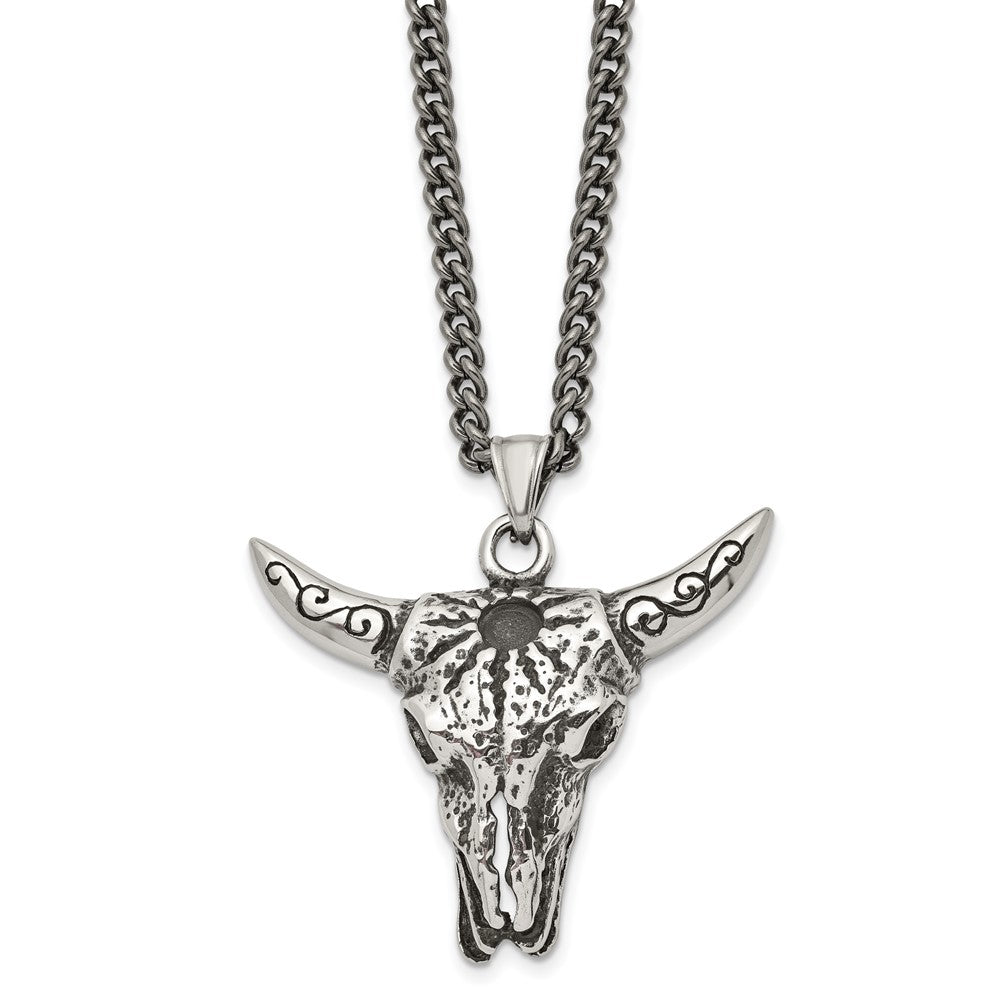 Stainless Steel Antiqued and Polished Bull Skull 20in Necklace