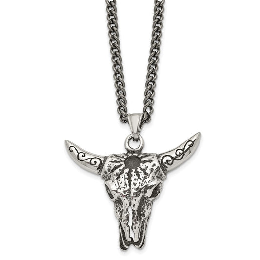 Stainless Steel Antiqued and Polished Bull Skull 20in Necklace