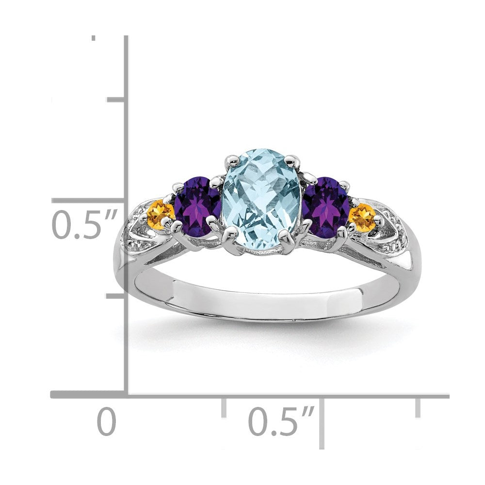 Sterling Silver Rhodium Lght Sw Blue Topaz, Amthyst, Citrine & Diam. Ring