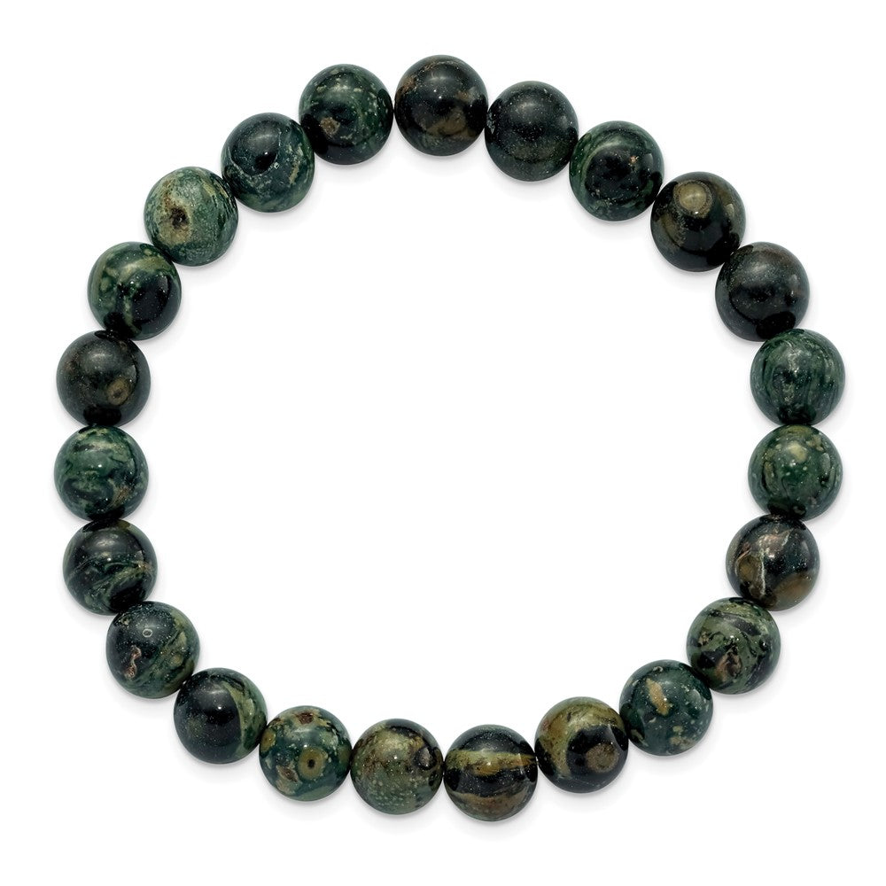 Beaded Stretch Green Eye Agate Bracelet 7 inches