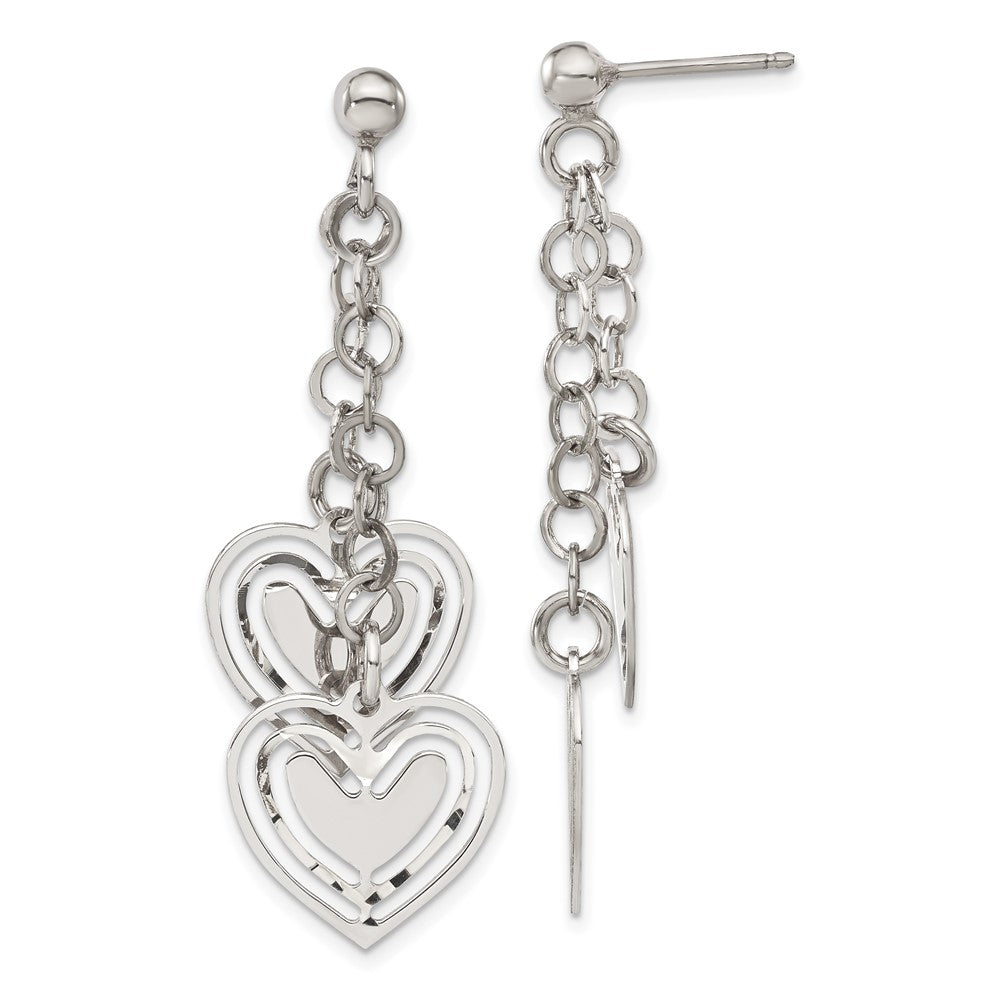 Sterling Silver Diamond-cut Double Heart Post Dangle Earrings