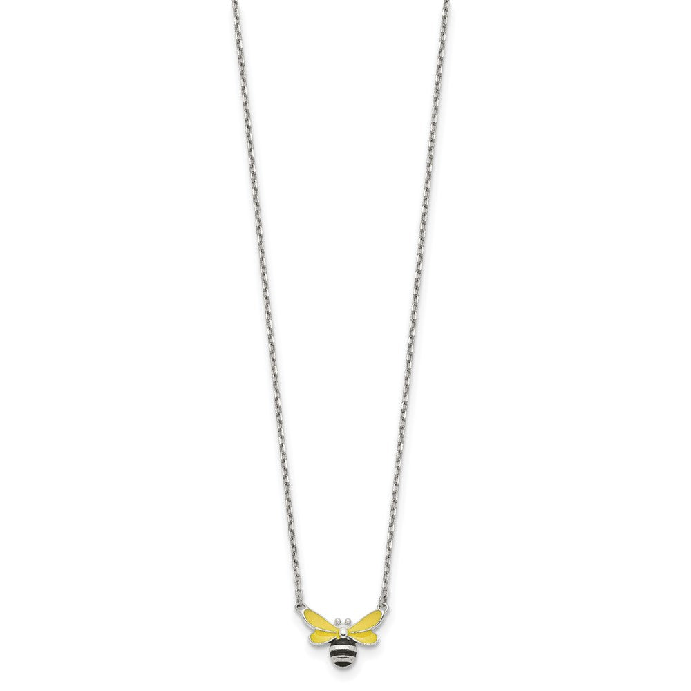 Sterling Silver Polished Yellow & Black Enameled Bumblebee with 2 Inch Extension Children's Necklace 16 Inches