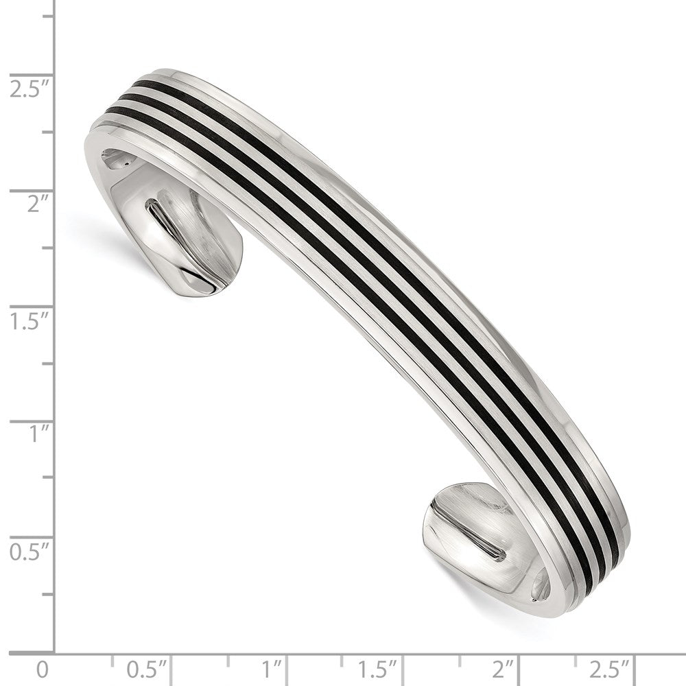 Stainless Steel Brushed and Polished Black Rubber Inlay Cuff Bangle 7.25 inches