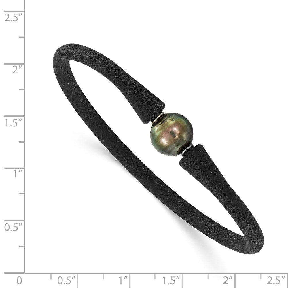 Stainless Steel 10-11mm Black Tahitian Pearl Black Silicone Bracelet 6.75 inches