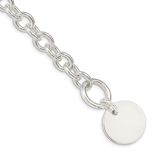 Sterling Silver Engraveable Circular Disc on Fancy Link Bracelet 7.5 inches