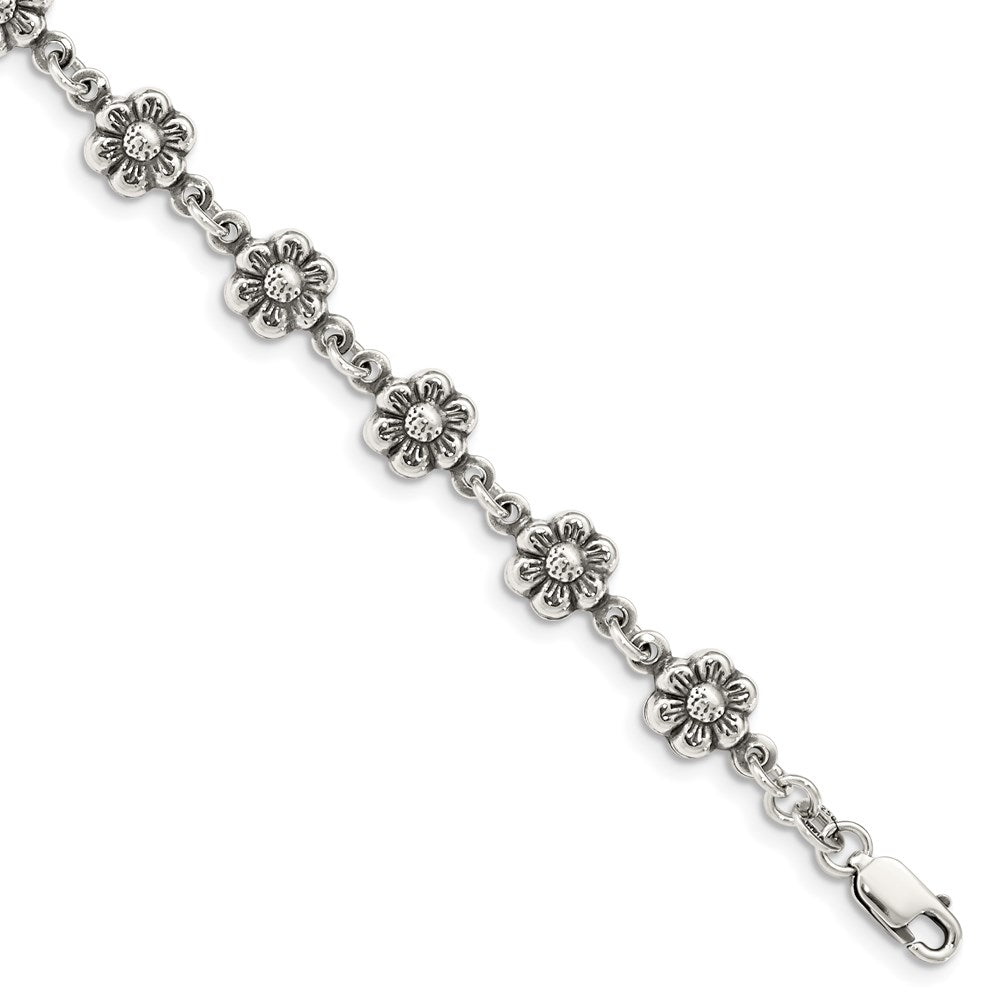 Sterling Silver Antiqued Flower Charm Bracelet 7 inches