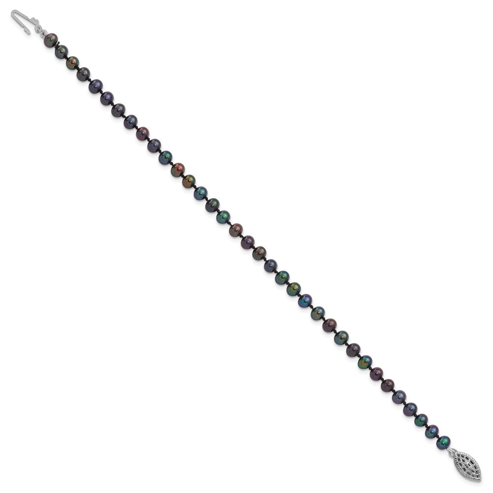 Sterling Silver Rhodium-plated 4-5mm Black Near-Round Freshwater Cultured Pearl 7.25 inch Bracelet 7.25 inches