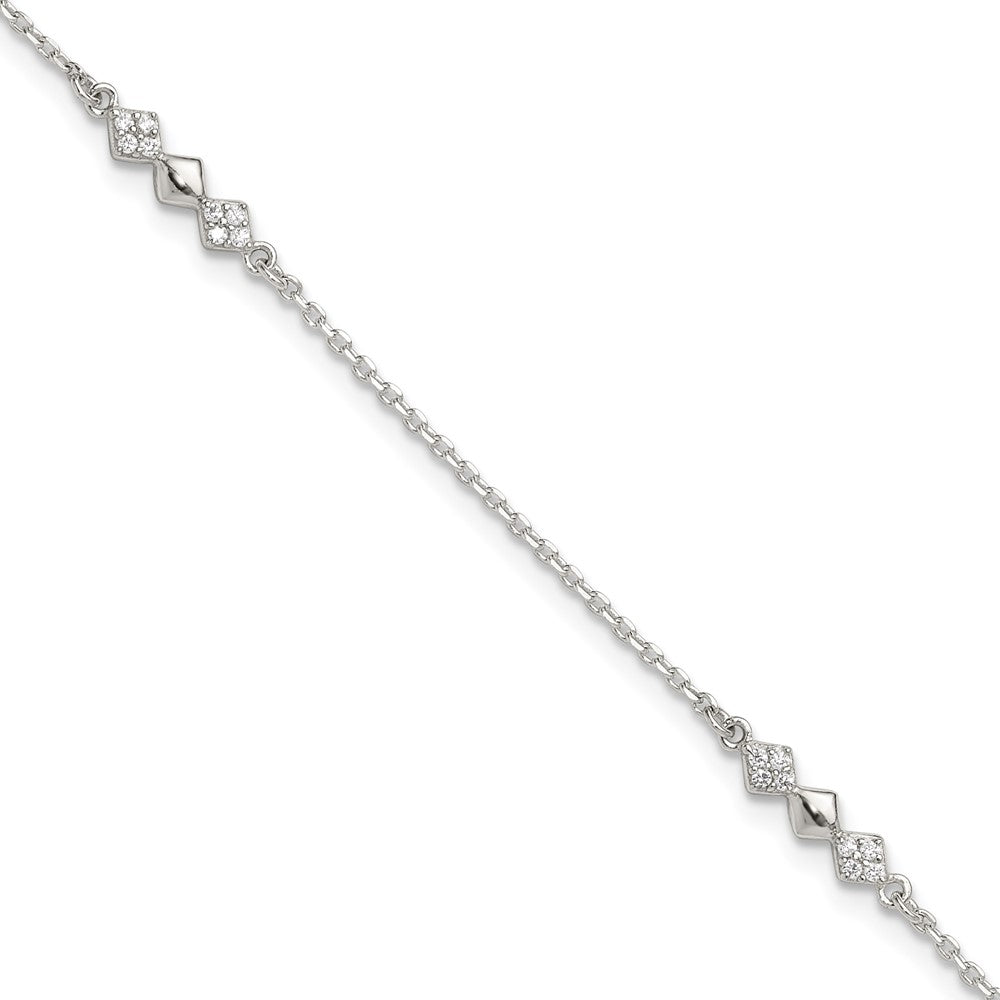Sterling Silver CZ 3-Diamond Shapes 9in Plus 1 in Ext. Anklet 9 inches