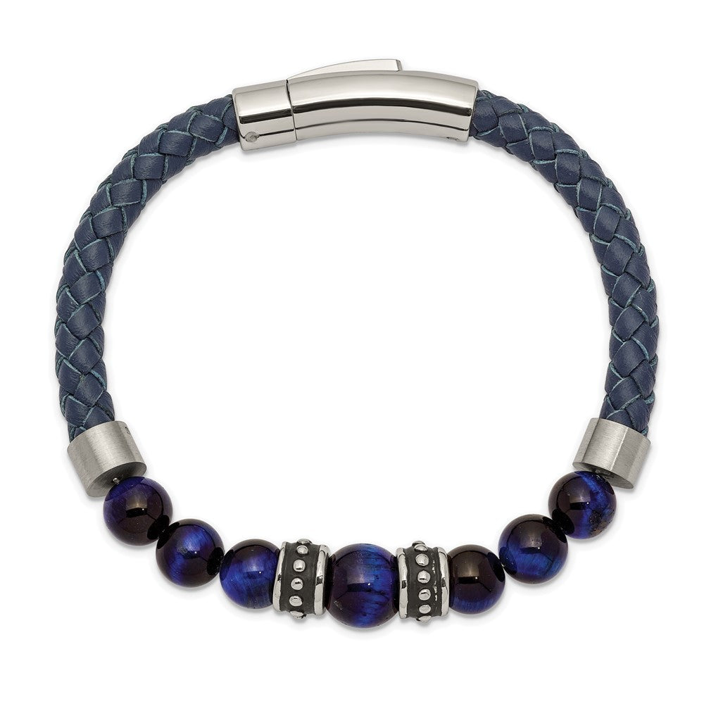 Stainless Steel Antiqued and Polished Blue Tiger's Eye Leather Bracelet 8.25 inches