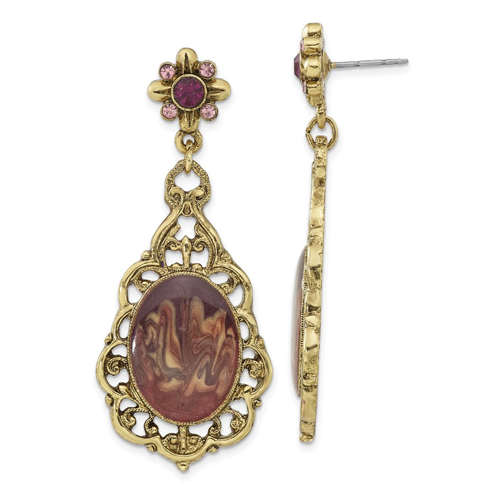 1928 Jewelry Brass-tone Filigree Frame Purple Crystal Oval Purple Enamel Teardrop Dangle Post Earrings