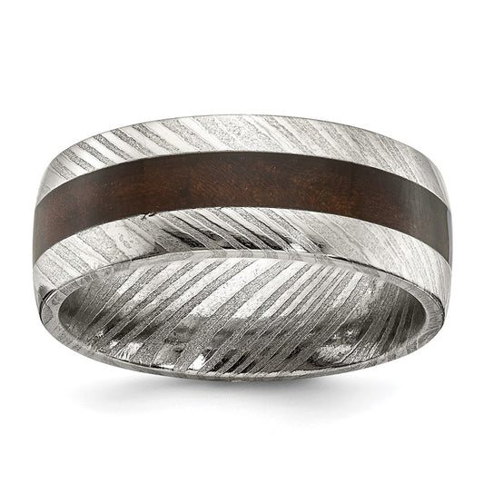Damascus Steel Polished with Ebony Wood Inlay 8mm Band Size - 12.5