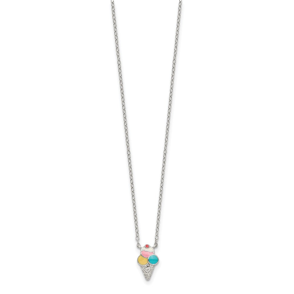 Sterling Silver Polished & Textured Multi-color Enameled Ice Cream Cone with 2 Inch Extension Children's Necklace 16 Inches