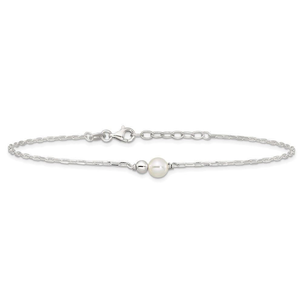 Sterling Silver Polished Bead and Glass Pearl 9 inch with 1 inch Extension Anklet