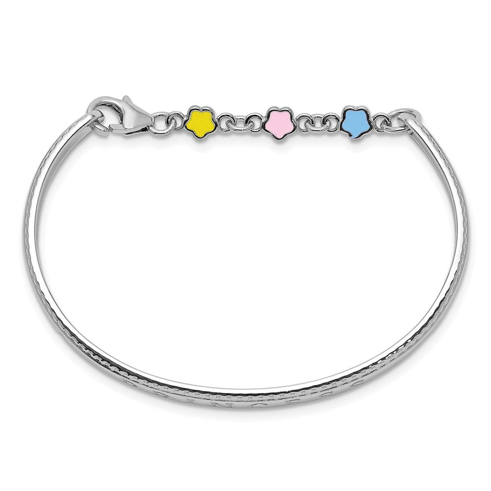 Sterling Silver Rhodium-plated Polished & Beaded Multi-color Enameled Flowers & Hearts PRINCESS with Chain Baby Bangle 4.9 inches