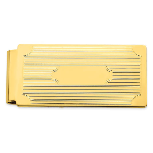 Gold-plated Kelly Waters Hinged Money Clip with Lines and Cut Corners
